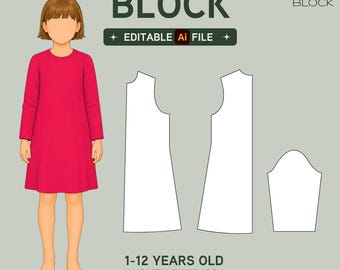 EDITABLE PDF | Girls' Dress Sewing Pattern Block | T-Shirt & A-Line Styles | Girls | Ages 1-12