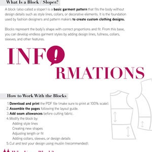 May include: An informational document titled Basic Pattern Block explaining the use of a sloper as a foundation for garment design. It includes instructions on printing, assembling, and modifying patterns, alongside a diagram of a bodice block.