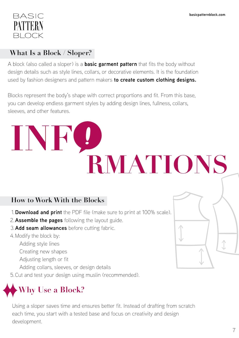 May include: An informational document titled Basic Pattern Block explaining the use of a sloper as a foundation for garment design. It includes instructions on printing, assembling, and modifying patterns, alongside a diagram of a bodice block.