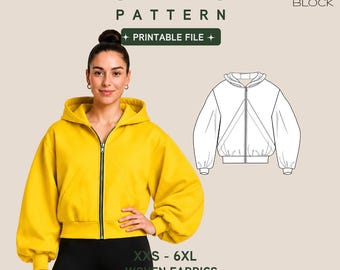 Barrel Sleeve Hoodie Sewing Pattern • Bell Sleeve Sweater, Zipper Front (PDF Download) Sizes XXS-6XL