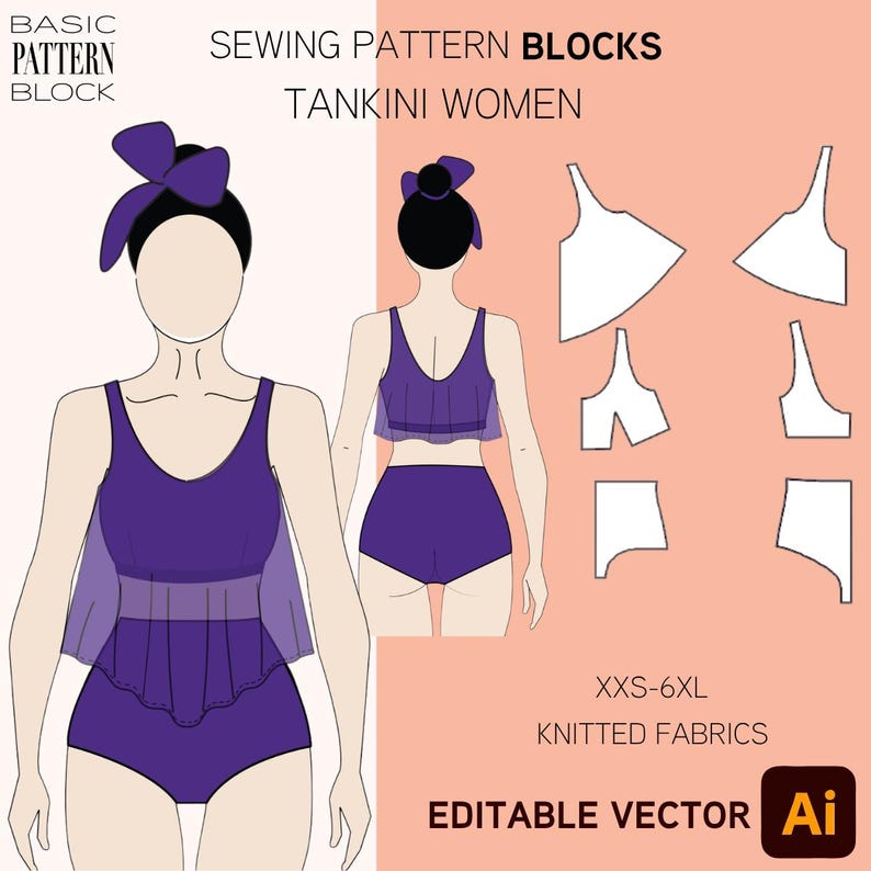 EDITABLE PDF | Tankini Sewing Pattern Block | Two-piece Swimsuit | Top ...