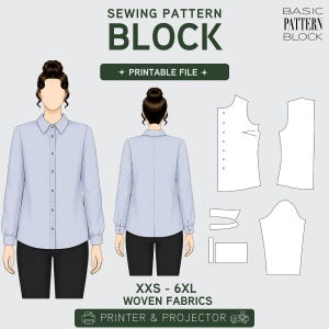 PDF Women's Shirt Sewing Pattern Block | Long Sleeve Collar | Loose Fit | Woven Fabric | XS-6XL