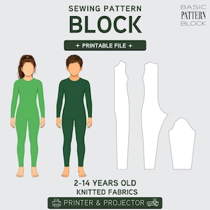 Puede incluir: Un patrón de costura para niños en tejidos de punto, edades 2-14 años, con el texto "SEWING PATTERN BLOCK" y "PRINTABLE FILE". La imagen muestra dos figuras con trajes de cuerpo entero verdes y verde oscuro, junto con piezas de patrón.