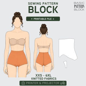 Puede incluir: Ilustración de un patrón de costura con vistas frontal y trasera de un top sin tirantes y shorts de cintura alta en naranja. El texto dice "SEWING PATTERN BLOCK" y "XXS - 6XL KNITTED FABRICS". Incluye iconos de "PRINTABLE FILE" y "PRINTER & PROJECTOR".