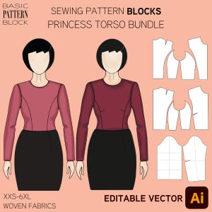 Patrón de costura para corpiño con corte princesa (bloques: XXS-6XL) (patrón en PDF)