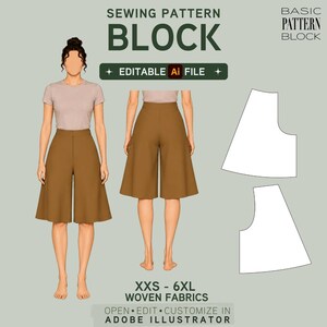 May include: A digital sewing pattern block for culottes, featuring a front and back view of a figure wearing brown culottes and a light pink t-shirt, alongside two white flat pattern pieces. Text includes SEWING PATTERN BLOCK, EDITABLE Ai FILE, and XXS-6XL.