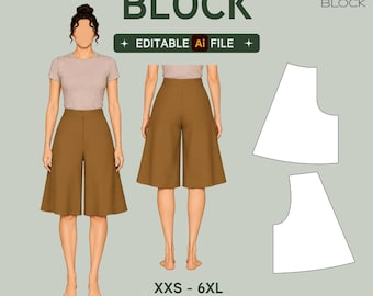 EDITABLE PDF | Jupe Culottes Sewing Pattern Block Bundle | Straight & Flared | High Waist | XS-6XL