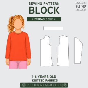 PDF | Girls' T-Shirt & Sweater Sewing Pattern Block | Crewneck Long Sleeve | Ages 1-6