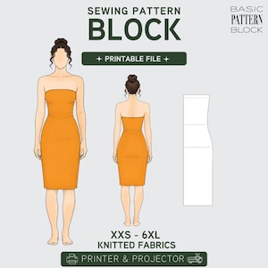 May include: A digital sewing pattern block for a strapless dress, featuring front and back views of a figure in an orange dress, alongside a technical line drawing. Text includes SEWING PATTERN BLOCK, PRINTABLE FILE, and XXS-6XL KNITTED FABRICS.