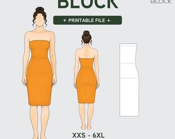 PDF | Strapless Tube Dress Sewing Pattern Block | 3 Lengths | Crop Midi | Knit Fabric | XXS-6XL