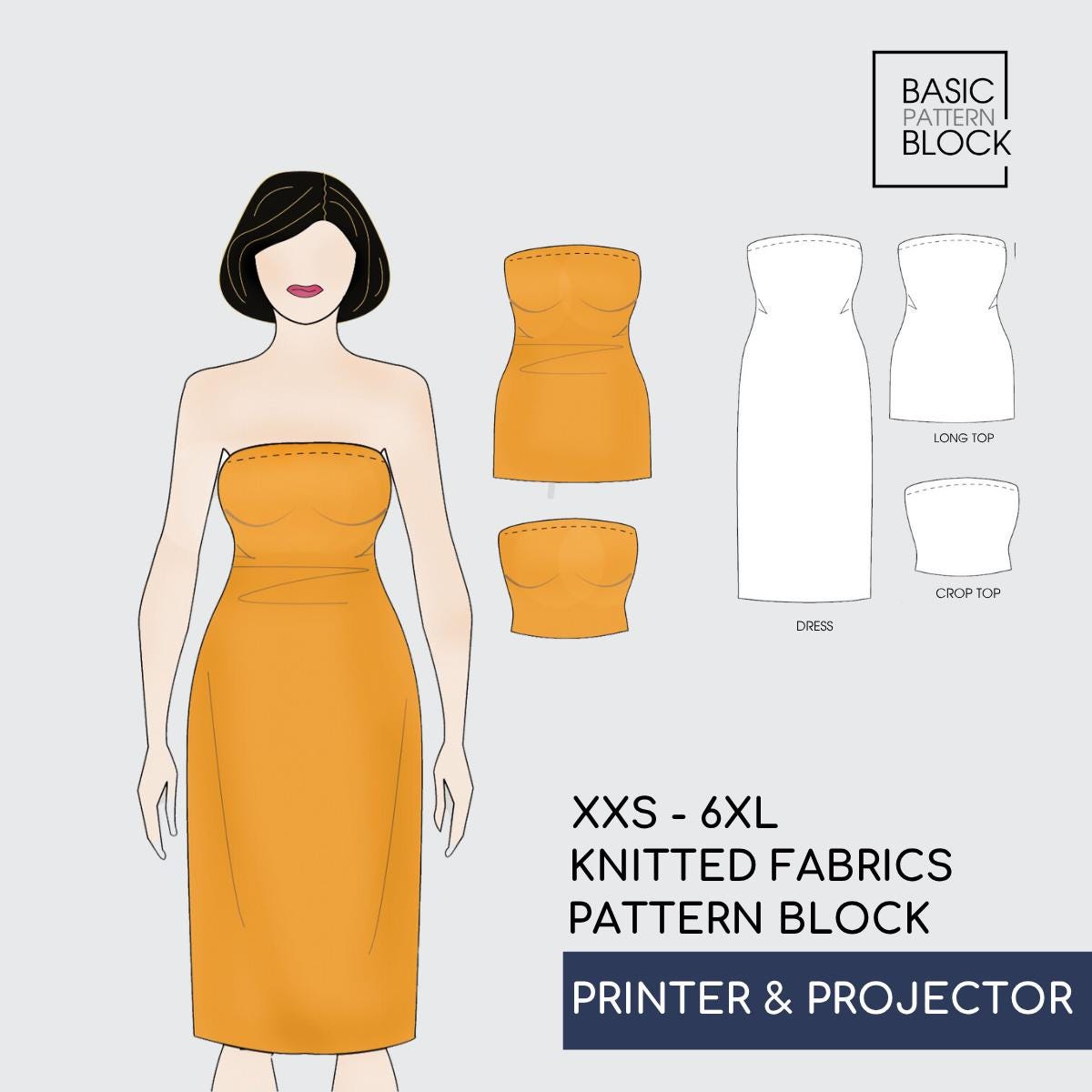 Strapless Tube Dress Sewing Pattern Block : Midi Length, Sizes XXS-6XL (PDF Download)