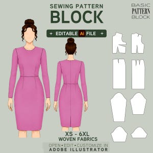 EDITABLE PDF | Women's Dress Sewing Pattern Block | With Waist Seam | Bodice Skirt Sleeve | XS-6XL