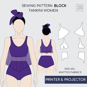 TANKINI zweiteiliges Set | Pdf Schnittmuster-Block Schnittmuster, Stoff, Stoff, Geätzt, Badeanzug | Normal und Plus Größe