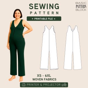 May include: A sewing pattern for a sleeveless jumpsuit with a V-neckline and front zipper. The text reads SEWING PATTERN, BASIC PATTERN BLOCK, PRINTABLE FILE, XS - 6XL WOVEN FABRICS, and PRINTER & PROJECTOR. Includes a technical line drawing.