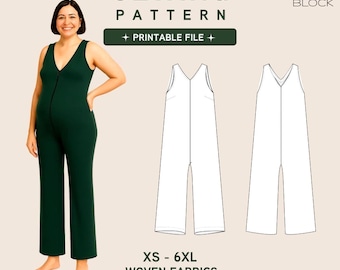 Patrón de costura para mono de maternidad • Camisón sin mangas de pierna ancha (descarga en PDF) • Tallas XS-6XL