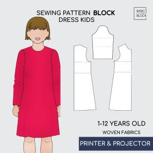 Girls  Dress Sewing Pattern Block • T-Shirt, A-Line Styles Dress (PDF Download) • Age 1-12