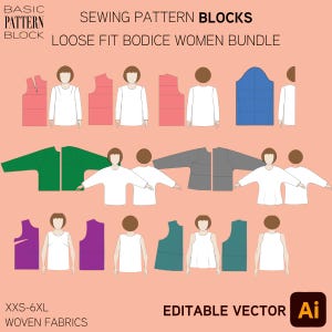 14個の基本的なボディス縫製パターンブロック • 袖、プリンセスシームサイズXXS-6XL、PDFダウンロード