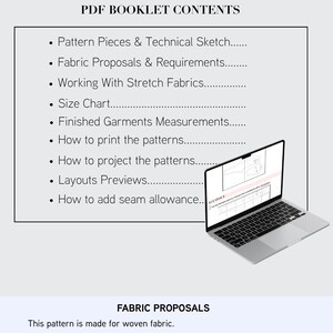 May include: A digital PDF booklet contents page titled BASIC PATTERN BLOCK with a list of sections including Pattern Pieces, Fabric Proposals, and Size Chart. A laptop displays a pattern layout preview. Below, a section lists fabric proposals.