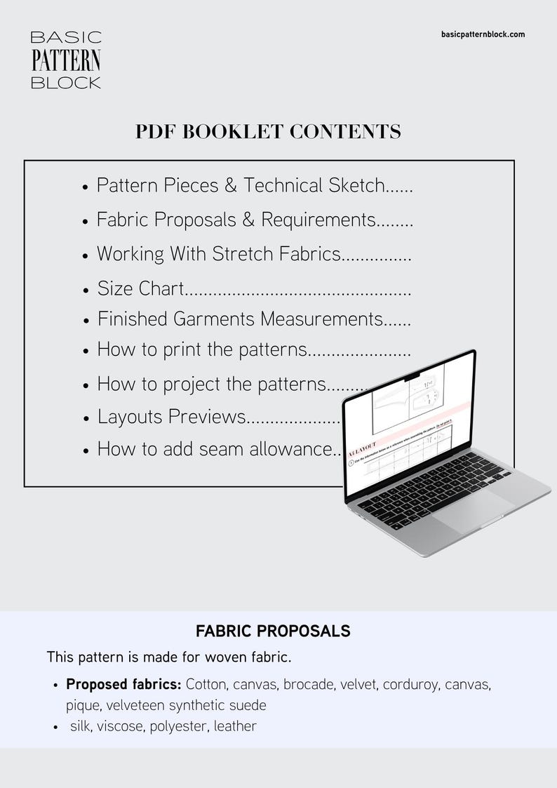 May include: A digital PDF booklet contents page titled BASIC PATTERN BLOCK with a list of sections including Pattern Pieces, Fabric Proposals, and Size Chart. A laptop displays a pattern layout preview. Below, a section lists fabric proposals.