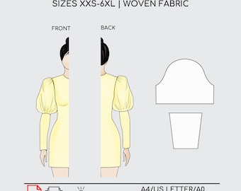 PDF Palloncino Puffy Lungo / Blocco modello di cucito / Modello di cucito facile per maniche a sbuffo / Modello manica lunga / Cucito top manica a sbuffo / XXS-6XL