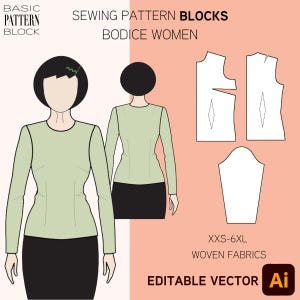Patrón de costura de bloque de corpiño para mujer • Plantilla básica de bajo desnivel Tallas: XS-6XL • Patrón en PDF