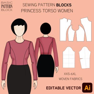 Patrón de costura para corpiño de princesa • Blusa de manga larga Tallas: XXS-6XL • Patrón en PDF