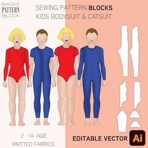 Peut inclure: Illustration d'un patron de couture pour combinaisons et catsuits pour enfants. L'image montre quatre personnages en combinaisons rouges et bleues, ainsi que des pièces de patron. Le texte comprend "BASIC PATTERN BLOCK", "2-14 AGE" et "EDITABLE VECTOR".