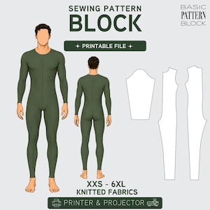 May include: A digital sewing pattern for a full-body garment, shown with front and back views of a model in a green jumpsuit. The pattern includes a "Printable File" option and is designed for "XXS - 6XL KNITTED FABRICS". The text "SEWING PATTERN BLOCK" is at the top.