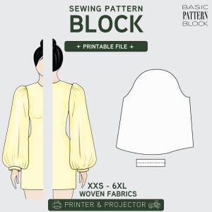 Puede incluir: Un patrón de costura digital para un vestido con mangas largas abullonadas. El gráfico muestra el texto SEWING PATTERN BLOCK, PRINTABLE FILE y XXS - 6XL WOVEN FABRICS. Incluye un dibujo técnico de una pieza de patrón de manga.