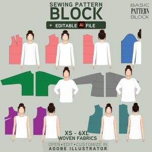 EDITABLE PDF | Bodice Sewing Pattern Block Bundle | Kimono Batwing Dartless | 10 Blocks | XS-6XL