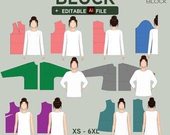 EDITABLE PDF | Bodice Sewing Pattern Block Bundle | Kimono Batwing Dartless | 10 Blocks | XS-6XL