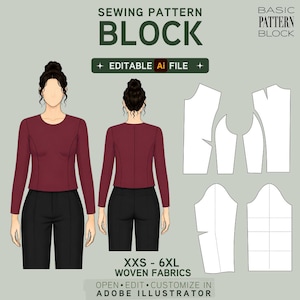 May include: A digital sewing pattern block for a long-sleeved top, featuring front and back views of a figure in a maroon shirt and black pants, alongside white flat pattern pieces. Text includes SEWING PATTERN BLOCK, EDITABLE Ai FILE, and XXS-6XL.