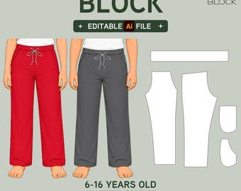 EDITABLE PDF | Kids Jogger Pants Sewing Pattern Block | Sweatpants | Boys & Girls | Ages 6-16 Years