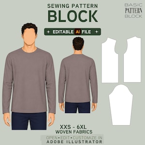 EDITABLE PDF | Men's Basic Bodice Sewing Pattern Block | Boxy Fit | Woven Fabric | XXS-6XL