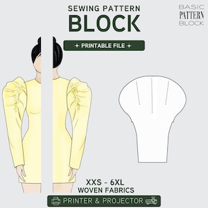 Peut inclure: Un patron de couture numérique pour une robe à manches bouffantes longues, avec le texte SEWING PATTERN BLOCK, PRINTABLE FILE, XXS - 6XL WOVEN FABRICS et PRINTER & PROJECTOR. Le graphique présente une illustration de robe jaune.