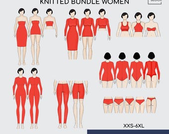 ニット縫製パターンブロックバンドル：ドレス、キャットスーツ、レオタード、パンティー、トップス、ボトムス • (PDFダウンロード、XXS-6XL)
