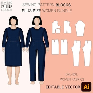 Könnte beinhalten: Digitales Schnittmuster-Bundle für Damen in Übergrößen. Das Bild zeigt ein marineblaues Kleid und einen Overall sowie Schnittmusterblöcke für verschiedene Kleidungsstücke. Der Text enthält "Basic Pattern Block", "Plus Size Women Bundle" und "Editable Vector".