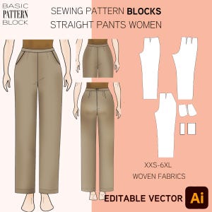 Molde de Costura para Calças Retas Femininas • Calças de Cintura Alta com Bolso (Download em PDF) • Tamanhos: XXS-6XL