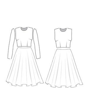 May include: A digital fashion illustration labeled BASIC PATTERN BLOCK and basicpatternblock.com showing two white garment outlines. One features a long-sleeved cropped top and a flared skirt, while the other shows a sleeveless cropped top and a flared skirt.