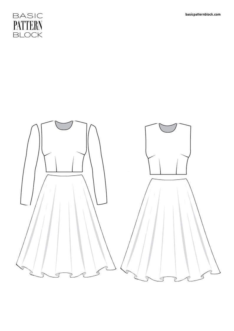 May include: A digital fashion illustration labeled BASIC PATTERN BLOCK and basicpatternblock.com showing two white garment outlines. One features a long-sleeved cropped top and a flared skirt, while the other shows a sleeveless cropped top and a flared skirt.