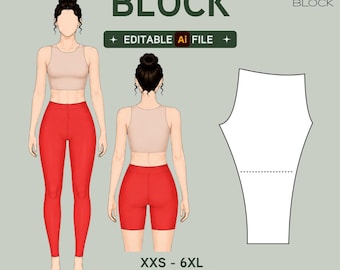 Women's High Rise Leggings Sewing Pattern Block (XXS-6XL) | No Side Seam Bike Pants