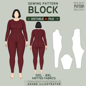 Peut inclure: Un patron de couture numérique pour tissus tricotés en tailles 0XL à 8XL, incluant un fichier Adobe Illustrator modifiable. L'image montre une silhouette en combinaison bordeaux à manches longues de face et de dos, avec des pièces de patron blanches.
