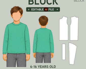 EDITABLE PDF | Kids Toddler T-Shirt Sewing Pattern Block | Long Sleeve | Boys | Ages 6 -16