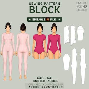 Op de afbeelding: Een digitaal naaipatroon-blokbestand voor Adobe Illustrator met illustraties van figuren in lichtroze jumpsuits en magenta bodysuits, naast witte platte patroondelen voor gebreide stoffen in de maten XXS tot 6XL.