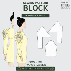 May include: A digital sewing pattern block for woven fabrics in sizes XXS to 6XL. The image displays a yellow dress with a rose-shaped shoulder detail and white pattern outlines for a sleeve. Text includes SEWING PATTERN BLOCK and PRINTER & PROJECTOR.