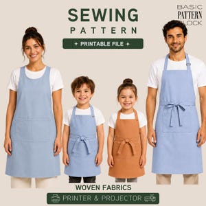 May include: A digital sewing pattern for aprons featuring text that reads SEWING PATTERN, BASIC PATTERN BLOCK, PRINTABLE FILE, and WOVEN FABRICS PRINTER & PROJECTOR. The image displays four individuals wearing light blue and tan aprons with front pockets.