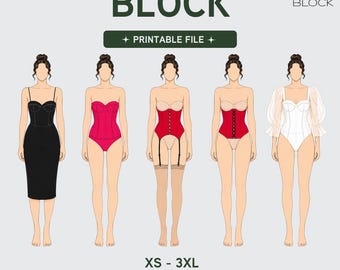 PDF | Corset Bodice Sewing Pattern Block Bundle | Bustier Leotard Corset Belt | 5 Blocks | XS-3XL