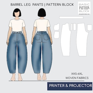 Könnte beinhalten: Illustration eines Schnittmusters für eine Ballonhose. Das Bild zeigt Vorder- und Rückansichten einer Person, die eine hellblaue Jeans-Ballonhose und ein weißes T-Shirt trägt. Die Schnittmusterteile sind rechts abgebildet. Der Text enthält "BARREL LEG PANTS | PATTERN BLOCK" und "XXS-6XL WOVEN FABRICS".