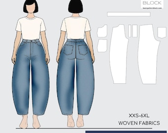 Barrel Leg Pants | High Waist Pants | Baggy Trousers with Pockets (PDF Download) • Sizes XXS-6XL