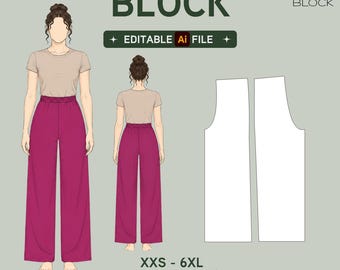 EDITABLE PDF | Wide Leg Pants Sewing Pattern Block | Elastic Waist | Woven & Knit Fabric | XXS-6XL
